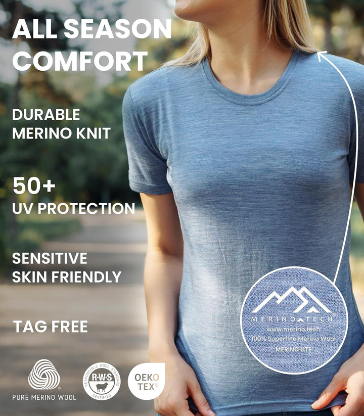 Merino.tech Merinowolle T-Shirt Damen - 100% Merinowolle Leichte Basisschicht Damen Kurzarm T-Shirt