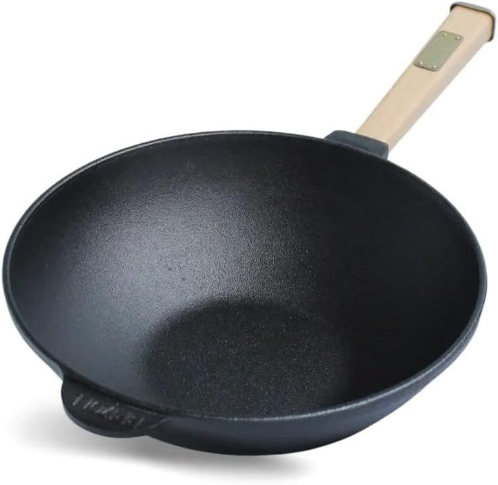 4BIG.fun Wokpfanne mit Holzgriff 26 cm aus Gusseisen Wok 2,8 L Outdoor Stielpfanne Camping Grillpfan