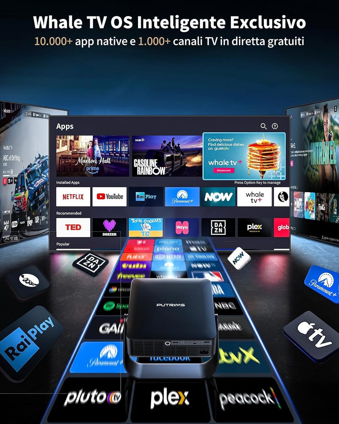 Smart Beamer【Kompatibel mit Netflix/Live TV/330° Drehbar】 Mini Beamer 4K mit Autofokus/6D Trapezkorr