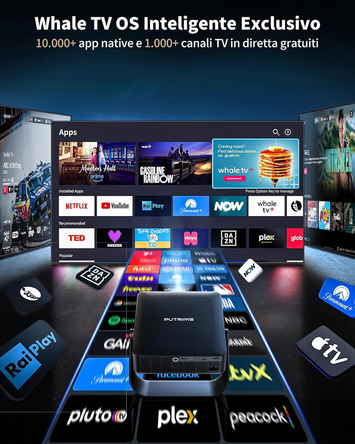 Smart Beamer【Kompatibel mit Netflix/Live TV/330° Drehbar】 Mini Beamer 4K mit Autofokus/6D Trapezkorr