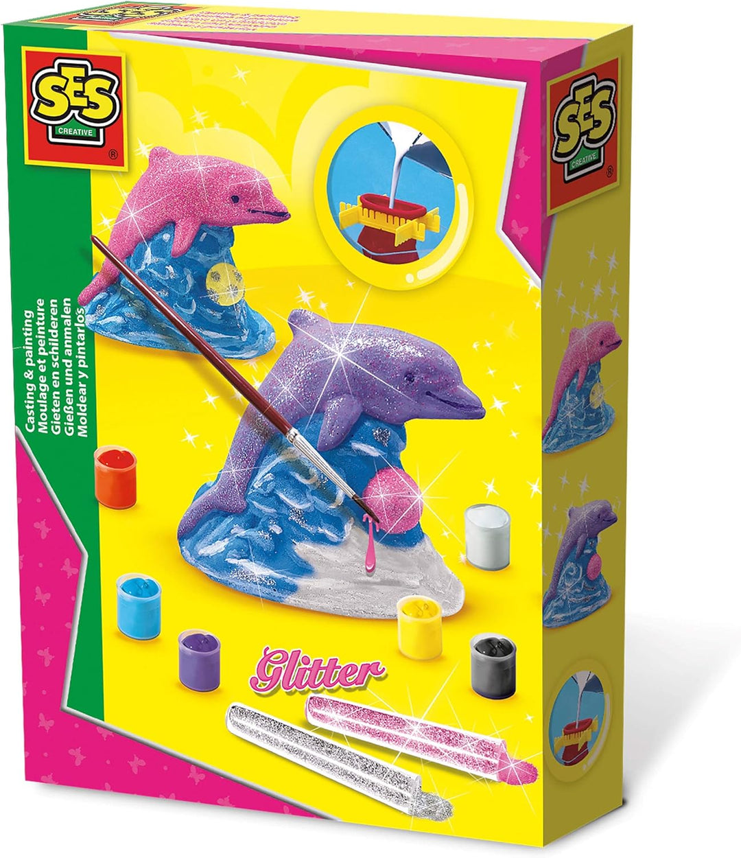 SES Creative 01286 Gipsfigur Delphin mit Glitzer, rosa, Silber