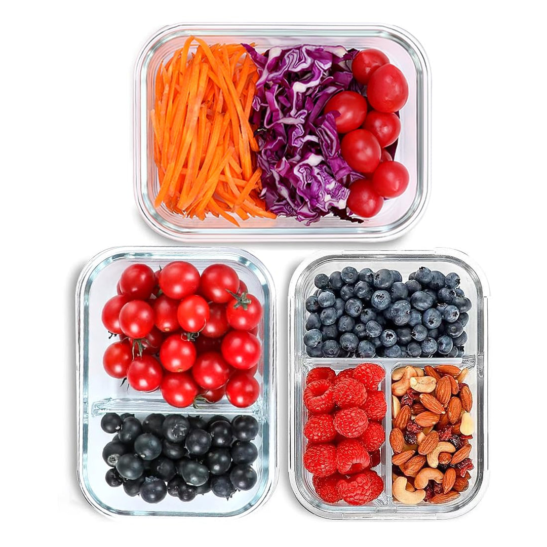 Meal Prep Boxen Glas 1&2&3 Fächer (3Stück, 1040ml) Glasbehälter mit Deckel Frischhaltedosen mit Deck