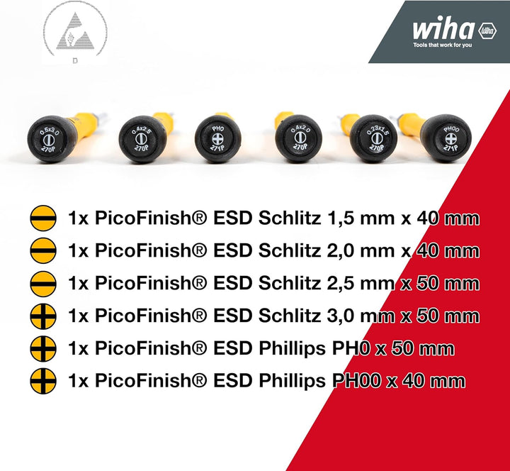Wiha Feinschraubendreher Set 7-tlg. PicoFinish® ESD I inkl. Halter zum Aufhängen oder Stellen I Schl