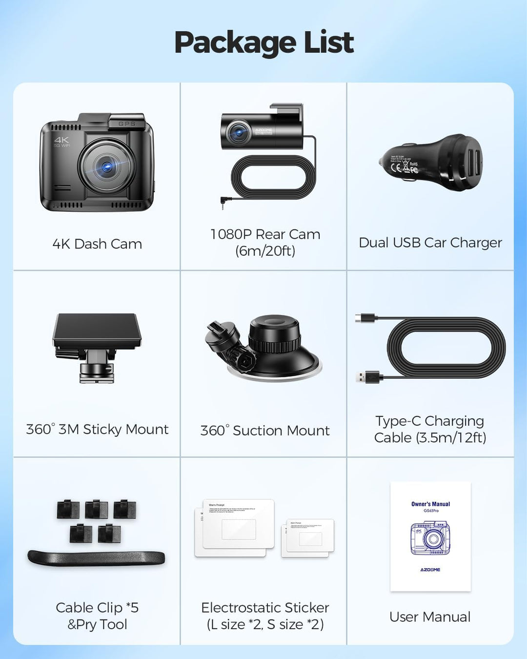 AZDOME 4K Autokamera mit Rückfahrkamera 5Ghz WiFi GPS Dashcam Auto Vorne Hinten mit Parküberwachung