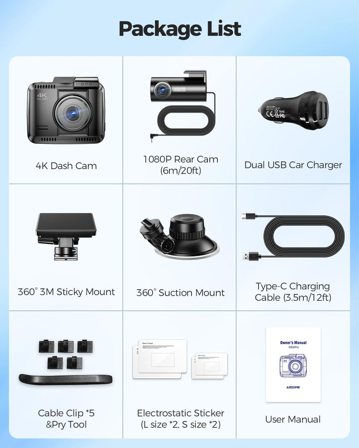 AZDOME 4K Autokamera mit Rückfahrkamera 5Ghz WiFi GPS Dashcam Auto Vorne Hinten mit Parküberwachung