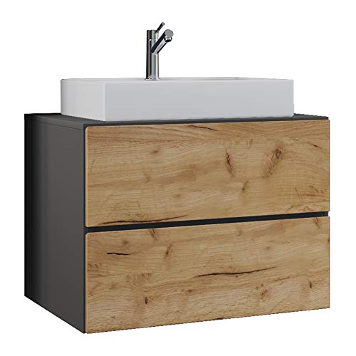 VCM 2-TLG. Waschplatz Waschtisch Badmöbel Set Waschbecken Lendas S Schublade 60, Anthrazit/Honig-Eic
