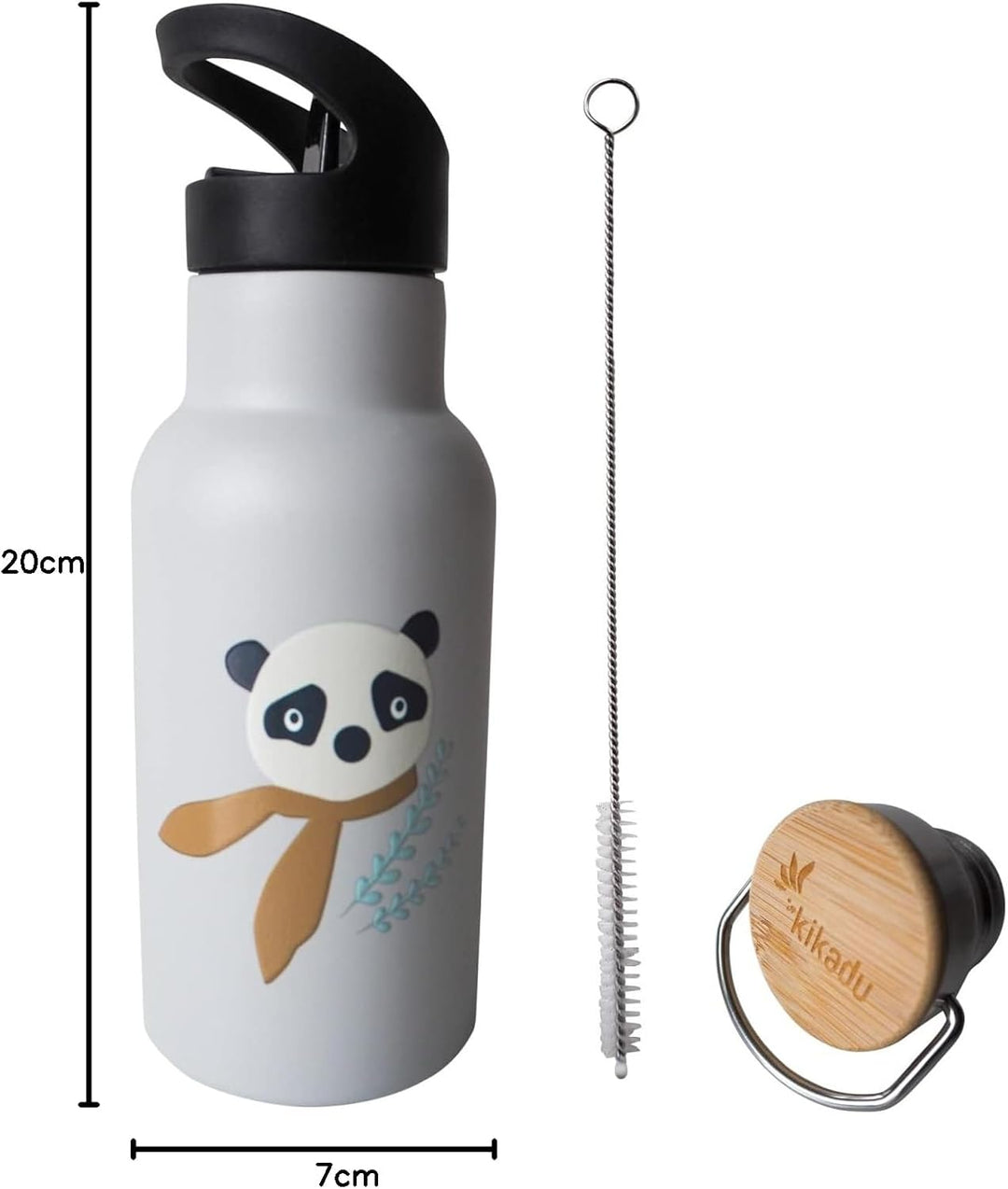 kikadu Trinkflasche Panda Silber Grau - Kindergeschirr, BPA-frei, mit niedlichen Aufdrucken, Fassung