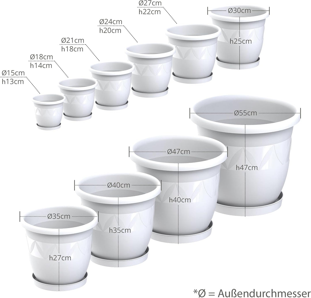 10er Set Blumentöpfe mit Untersetzer 27 cm Durchmesser Weiss runder Pflanzkübel aus Kunststoff gross