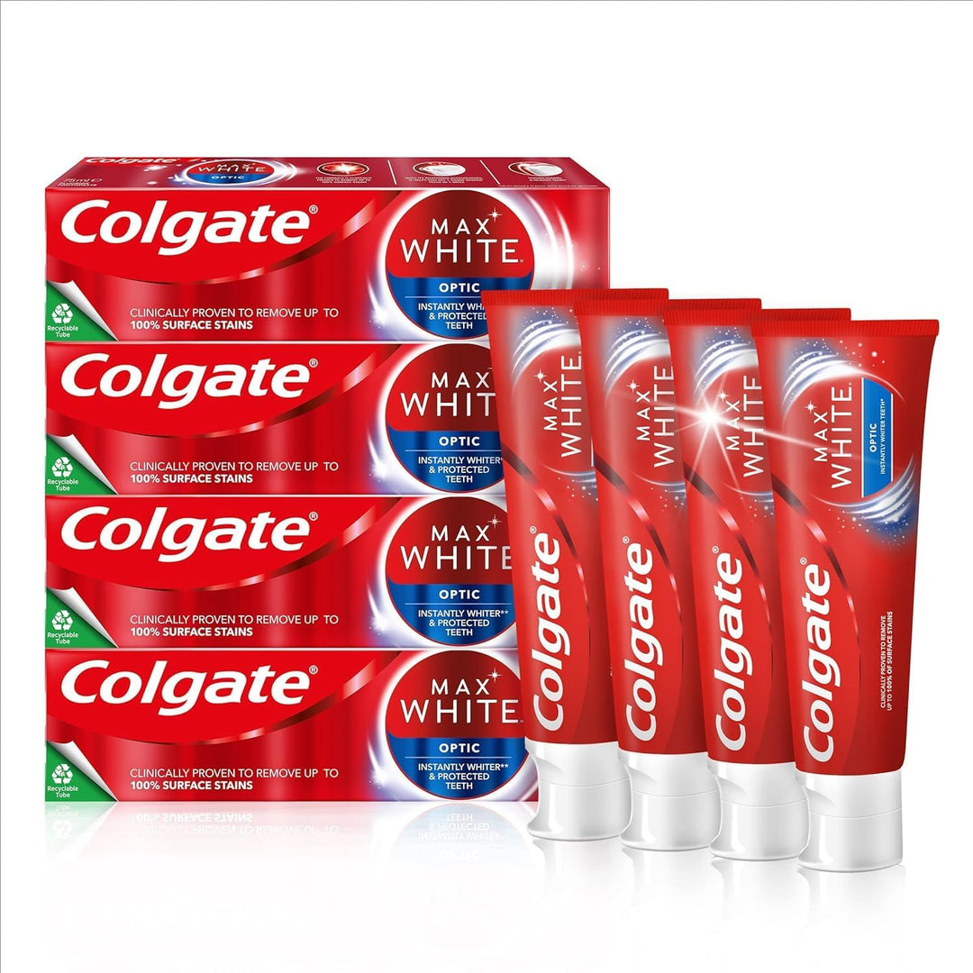 Colgate Max White Optic Zahncreme 4x75 ml | Colgate Zahnpasta entfernt bis zu 100% der Oberflächenve