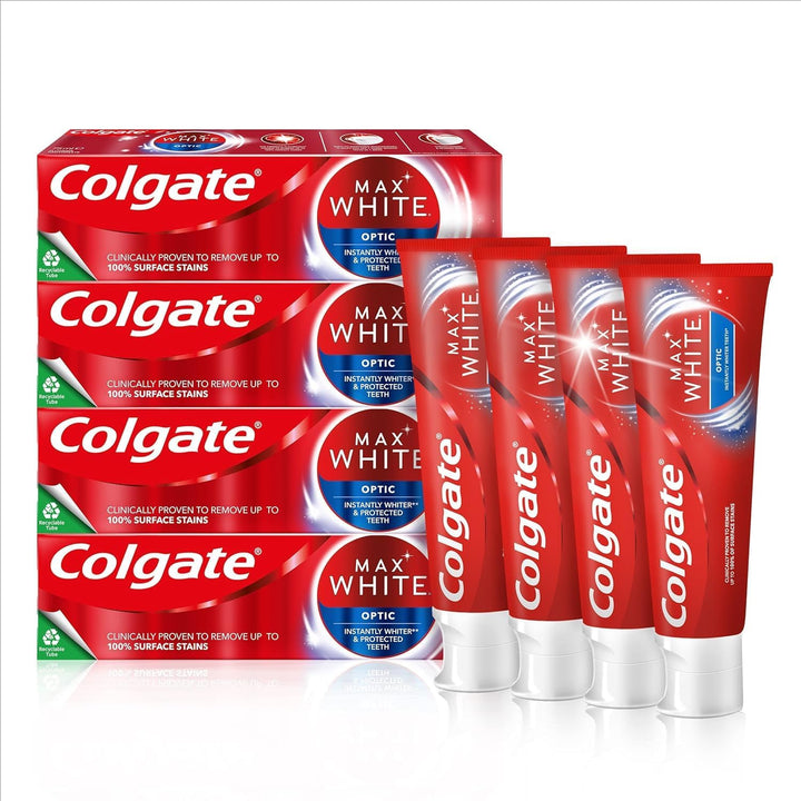 Colgate Max White Optic Zahncreme 4x75 ml | Colgate Zahnpasta entfernt bis zu 100% der Oberflächenve