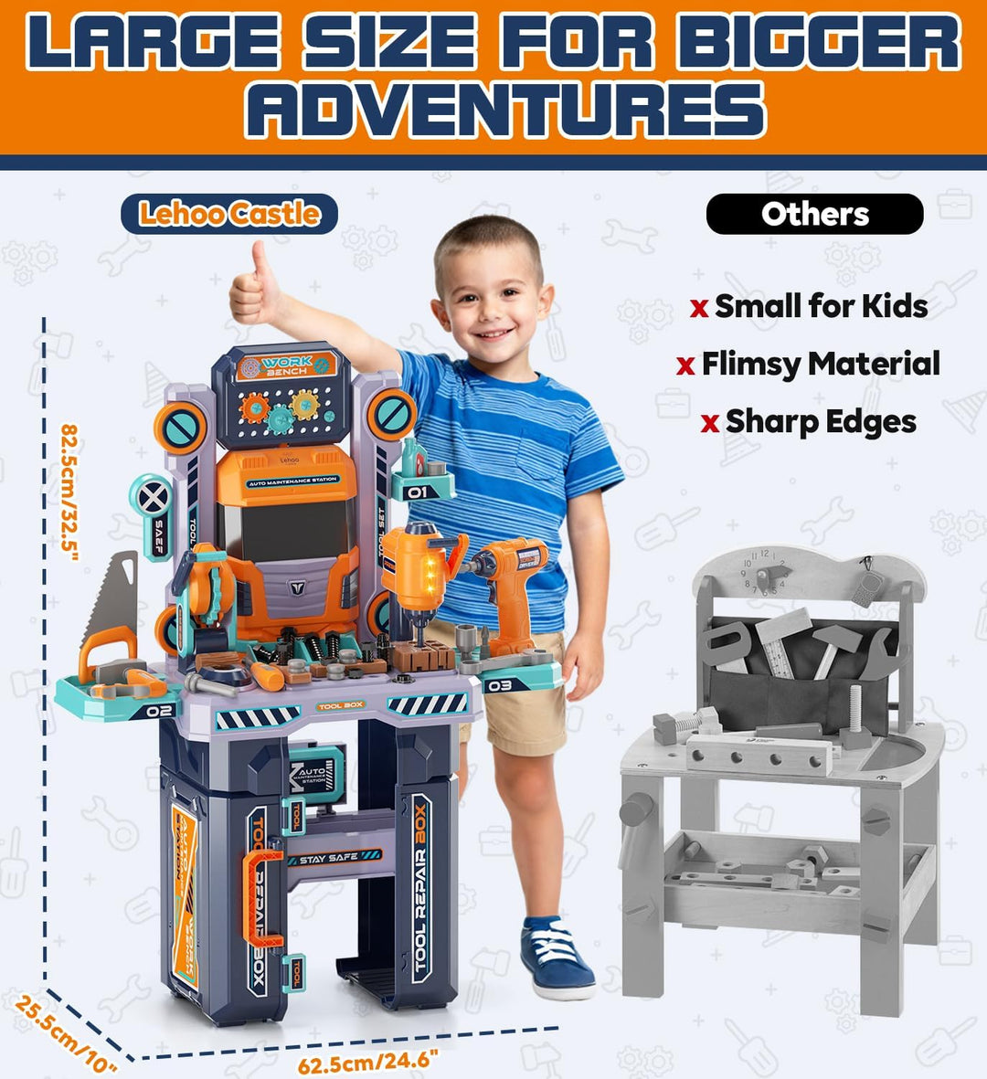 Lehoo Castle Werkbank Kinder 83cm Grossformat, Transformierbarer LKW mit Elektrischem Werkzeug Bohrh