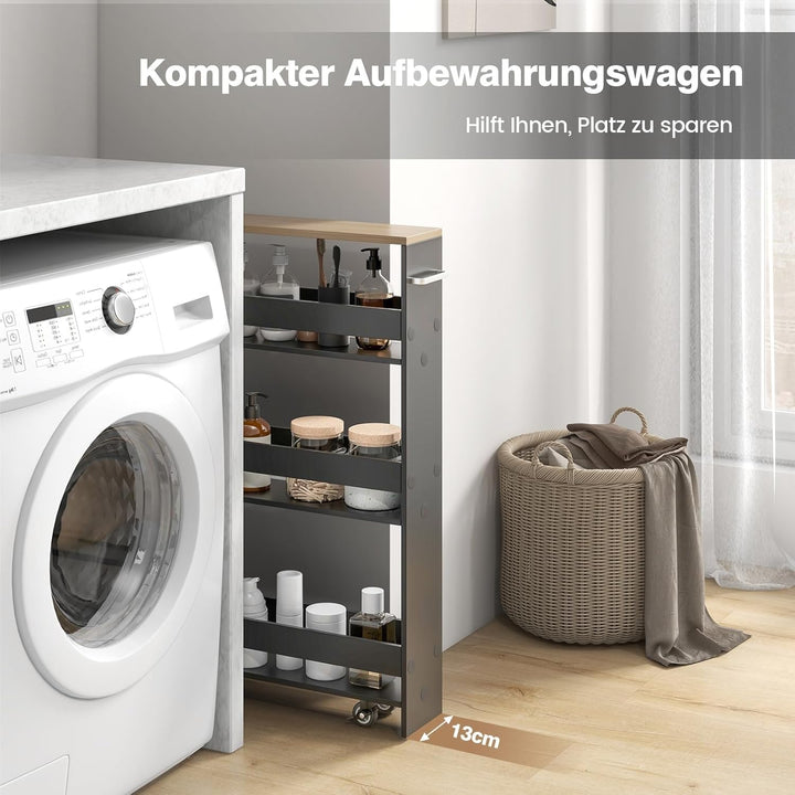 FANTASK Küchenwagen schmal auf Rollen, Nischenregal 13cm breit, 4 Etagen Servierwagen, Nischenwagen