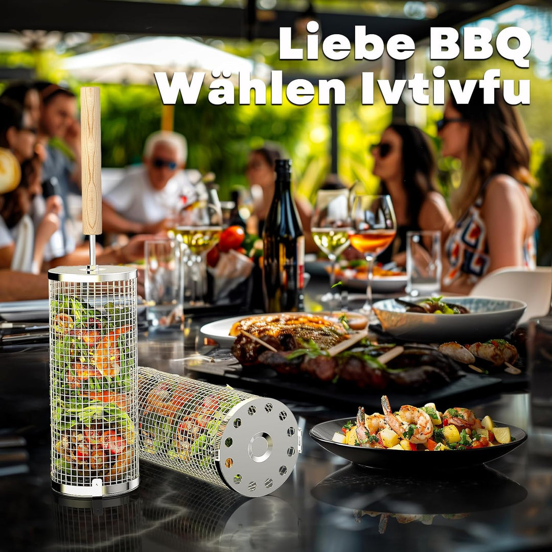 Ivtivfu Nestendes Rollendes Grillkorb Set mit Holzgriff (2 Stück, 24cm × 10cm), Rolling Grilling Bas
