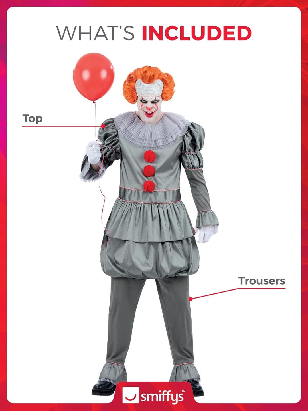 Smiffys IT Chapter Two Pennywise Kostüm für Erwachsene, Oberteil mit Nackenrüschen und Hose, grau, o