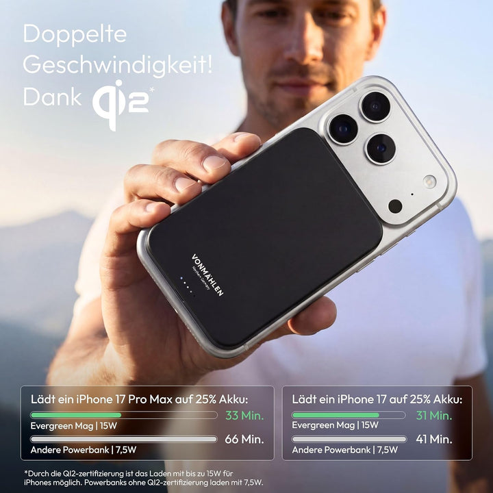 VONMÄHLEN Evergreen Mag 10.000 mAh Qi2-Powerbank – kabelloses Laden mit 15W, kompatibel mit MagSafe,