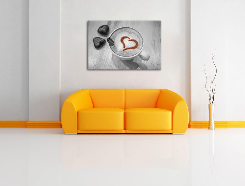 Leckerer Kaffee mit Herz schwarz/weiss Format: 100x70 auf Leinwand, XXL riesige Bilder fertig gerahm