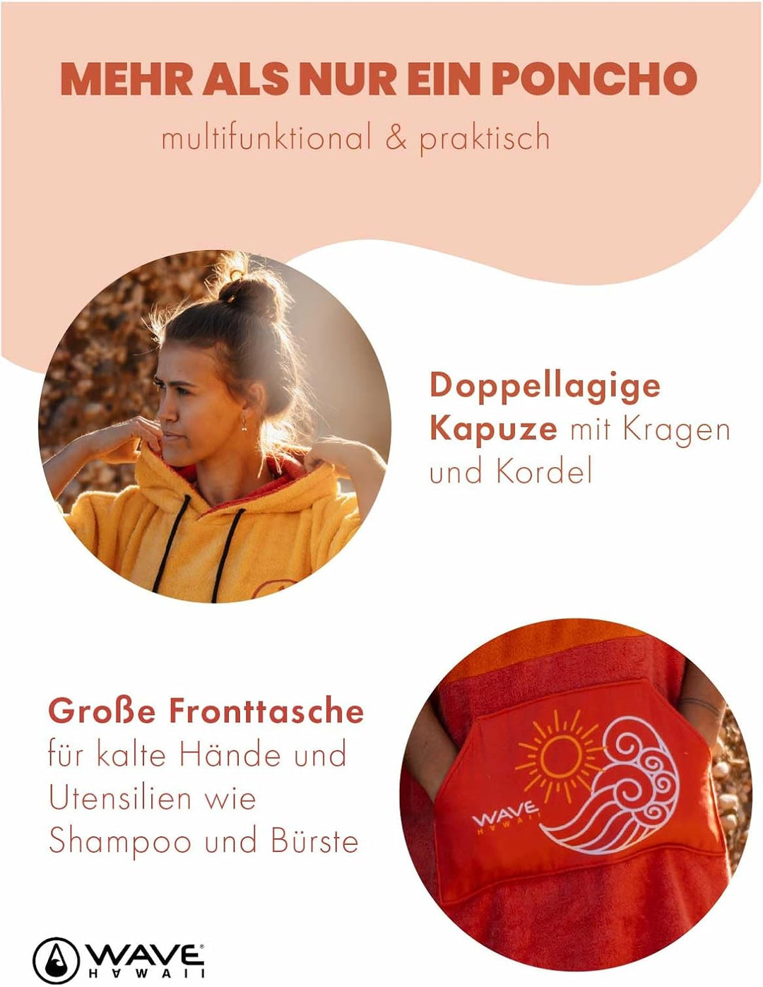 WAVE HAWAII Bade-Poncho Damen & Herren “Paia” | Grösse S 145-175cm I 95% Baumwolle Surf-Poncho für E