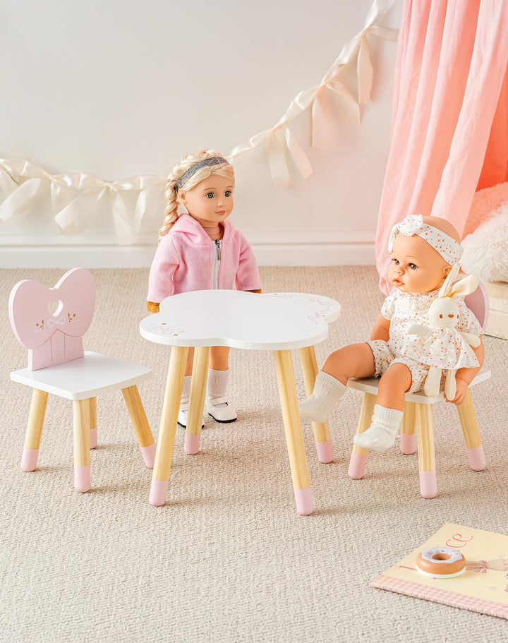 ROBOTIME Holz Puppen Küche Esstisch und 2 Stühle Set, Puppen Esszimmer Set, Holz Puppenmöbel für 16-