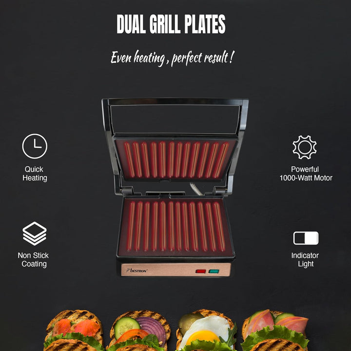 Bestron elektrischer Kontaktgrill mit Auffangschale, Sandwichmaker mit Cool-Touch-Handgriff & 180° Ö