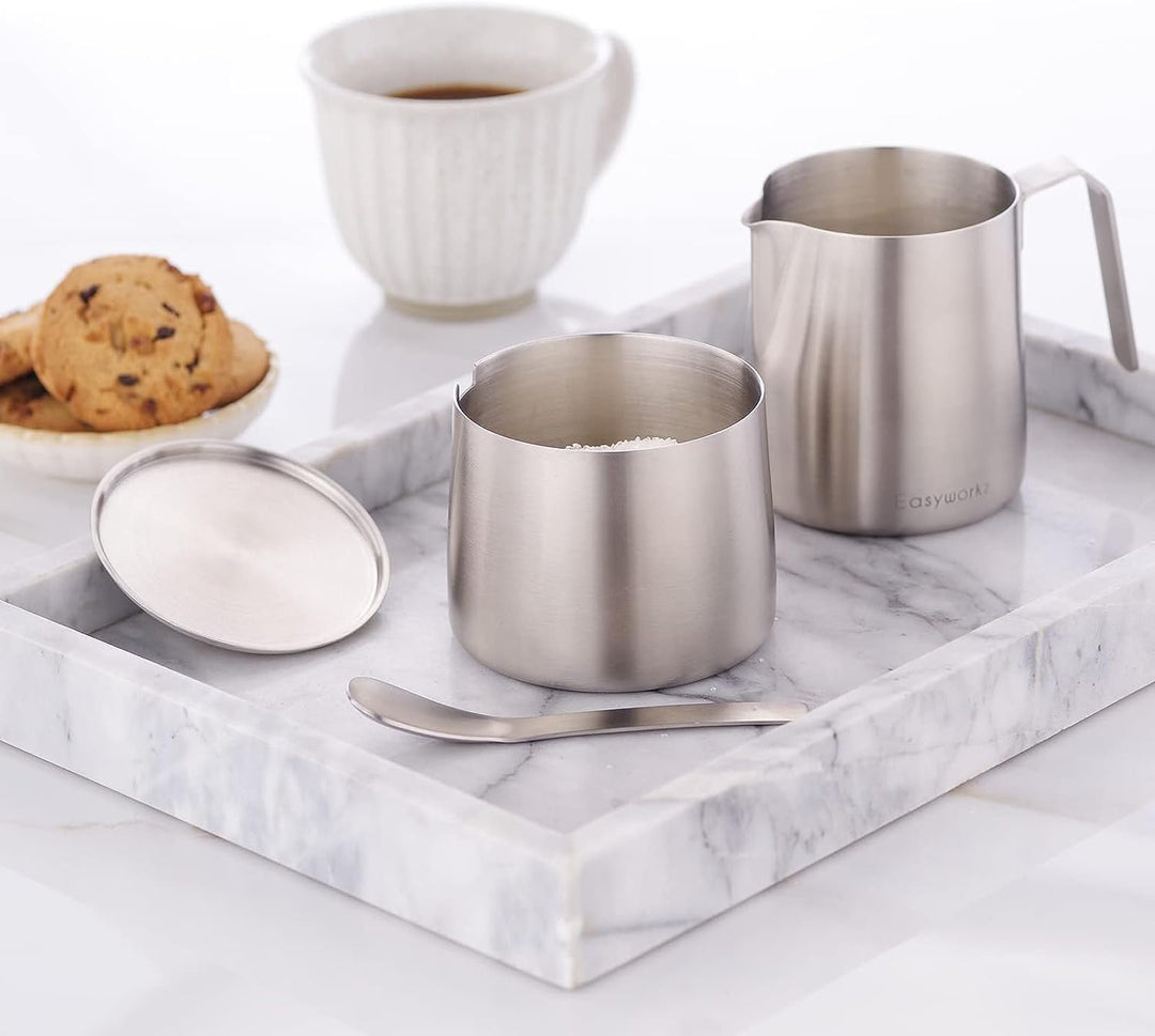 Easyworkz Edelstahl 304 Milchkännchen und Zuckerdose mit Löffel Kaffee Servierset gebürstet Silber G