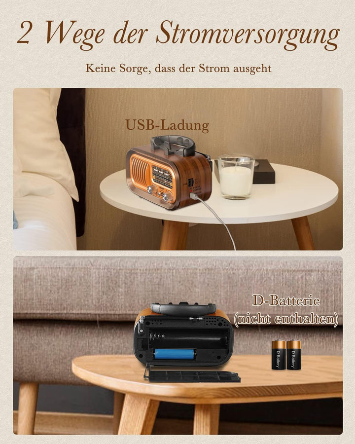 PRUNUS J-150 AM/FM/SW Retro Radio Klein, Kofferradio Betrieben mit 1200mAh Akku oder D-Zellen Batter