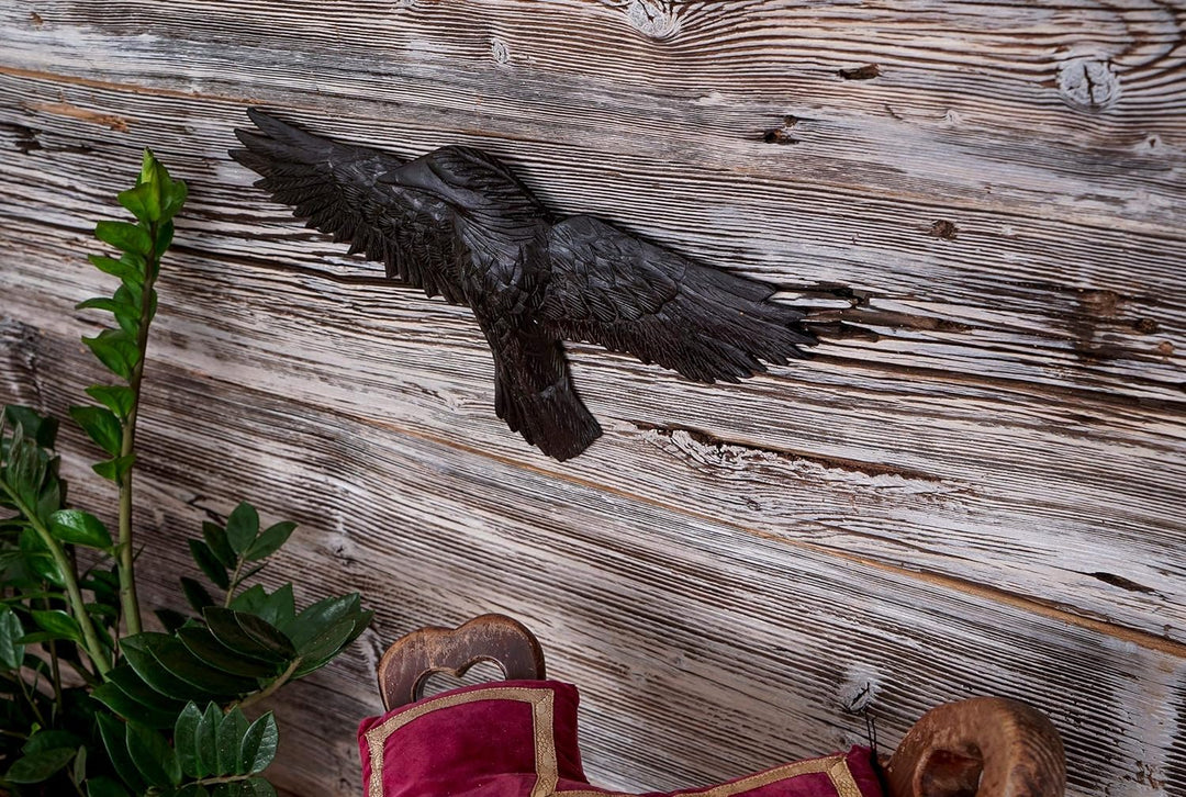Windalf Holzbild Schwarzer Rabe Munin 45 cm Links schauend Handarbeit aus Holz