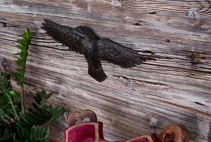 Windalf Holzbild Schwarzer Rabe Munin 45 cm Links schauend Handarbeit aus Holz