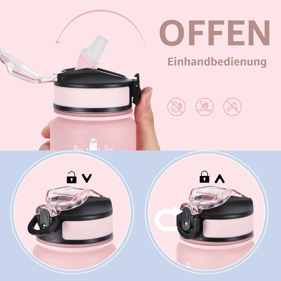 NAVTUE 1 Liter Sport-Wasserflasche mit Strohhalm und Zeitmarkierungen, auslaufsichere Tritan-Trinkfl