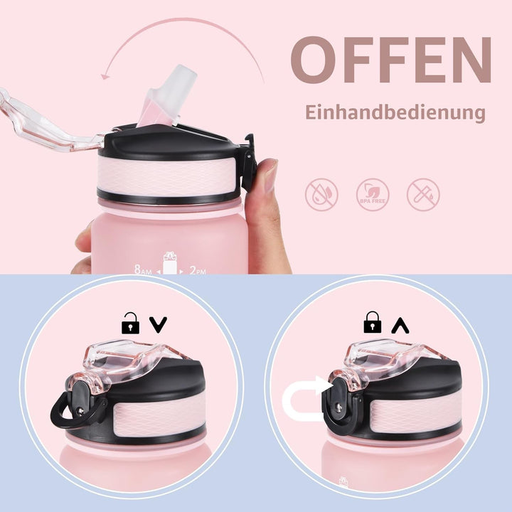 NAVTUE 1 Liter Sport-Wasserflasche mit Strohhalm und Zeitmarkierungen, auslaufsichere Tritan-Trinkfl