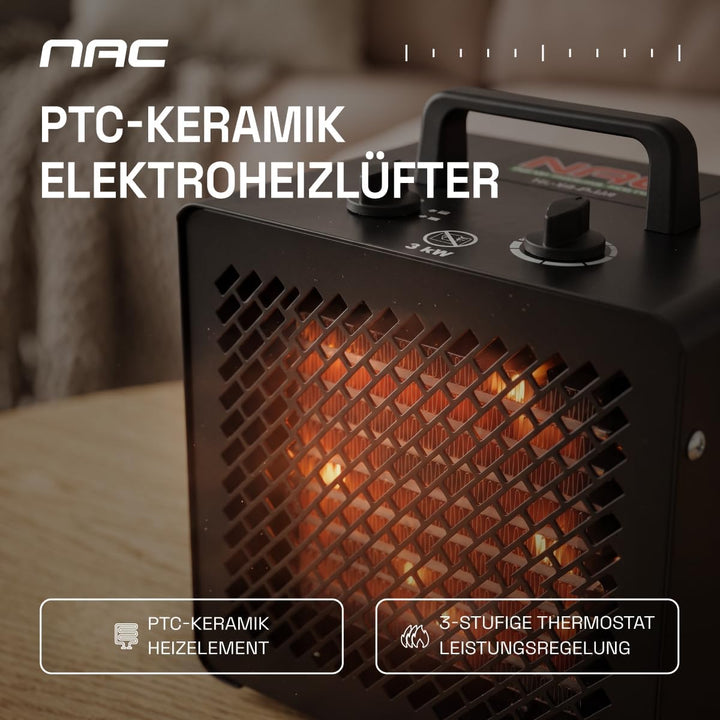 NAC Elektrischer Keramik Heizlüfter 3000 Watt - Heizstrahler mit Thermostat, Heizung Elektrisch - He
