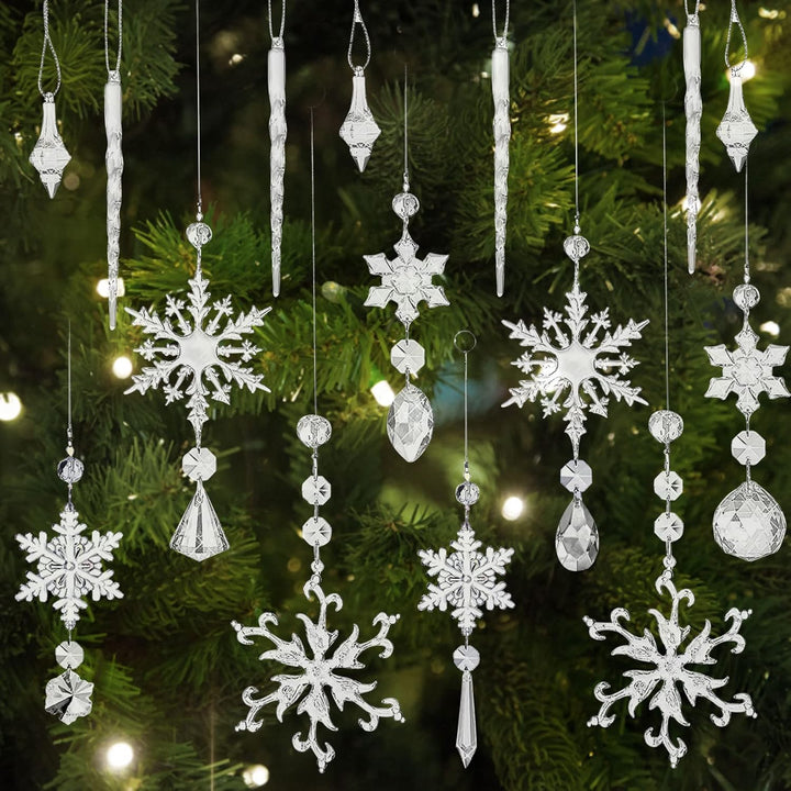16 Stück Acryl Eiszapfen Schneeflocke Eistropfen Anhänger,Weihnachtsbaum Kristall Dekorationen, Weih