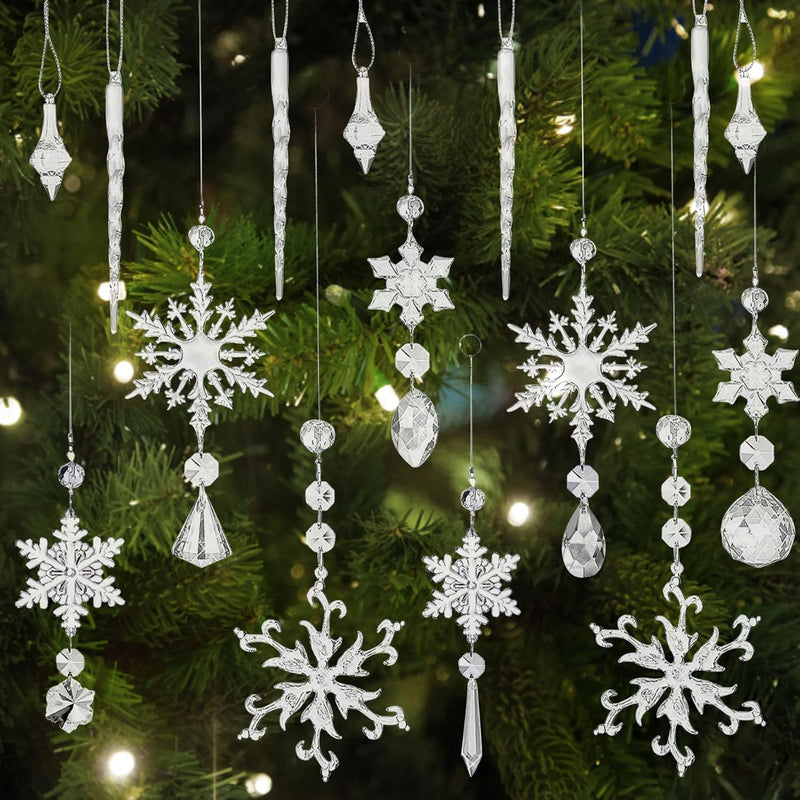 16 Stück Acryl Eiszapfen Schneeflocke Eistropfen Anhänger,Weihnachtsbaum Kristall Dekorationen, Weih