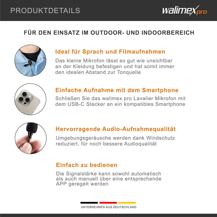Walimex pro Boya M3 Ansteckmikrofon für USB C, leistungsstarkes Lavaliermikrofon 50 Hz-20 kHz, exter