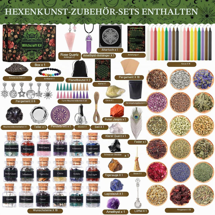 ZZXLOPEZ Starter Witch Kit 122 Stück Witchcraft Kit, Kerzen Kleine, Trockenblumen, Kristallen, Messl