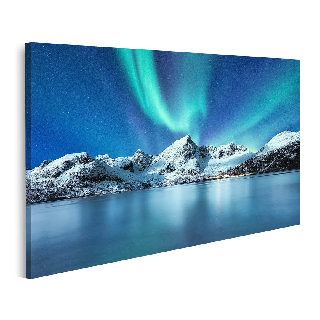 islandburner Bild auf Leinwand Aurora Borealis Lofoten Inseln Norwegen Nordlichter Berge Reflexion W