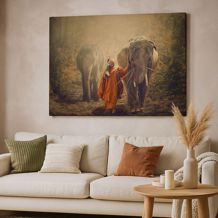 Bilder auf Leinwand 100x70cm Leinwandbild Elefant Mönch Dschungel Gross Wanddeko Bild Schlafzimmer K