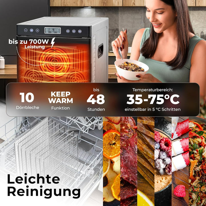 Balter Dörrautomat Edelstahl, Dörrgerät mit 10 Einlegefächern, BPA-frei, 700W, 8400 cm² Dörrfläche,