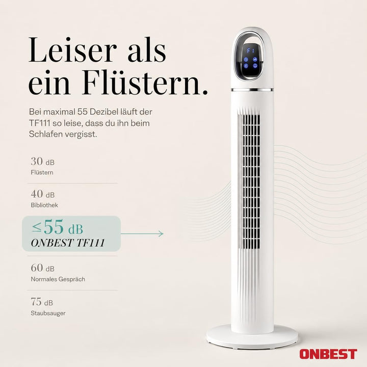 Onbest Turmventilator leise, 45 W stromsparender Tower-Ventilator mit Fernbedienung, 80° Oszillation