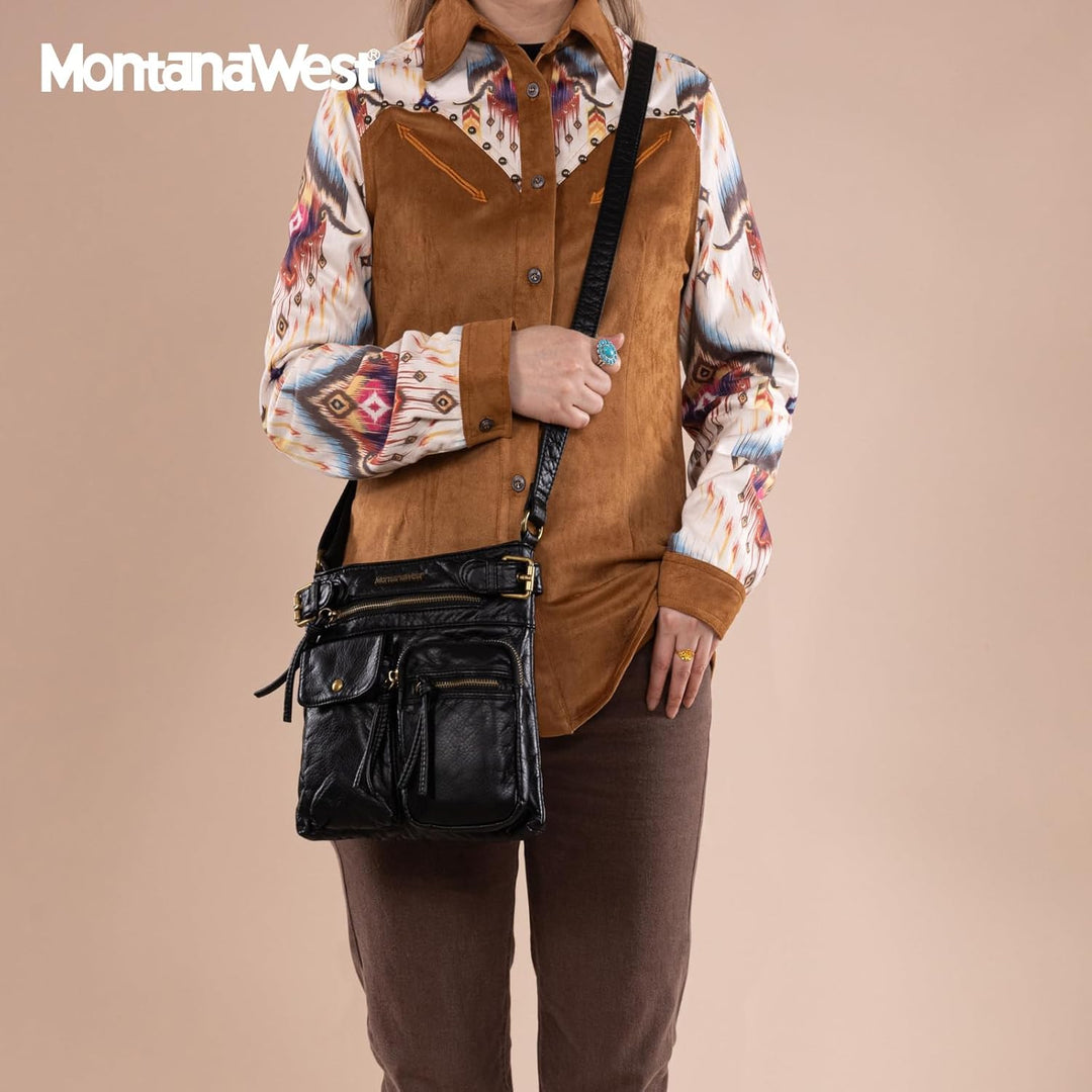 Montana West Damen Echtes Leder Handtaschen 046schwarz, 046 Schwarz