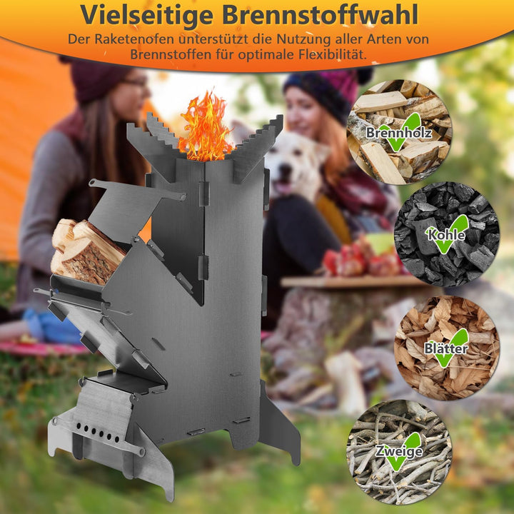 Raketenofen mit Grillplatte gross 5mm, Rocket Stove aus massivem 3 mm dickem Stahl, mit Feuerhaken,