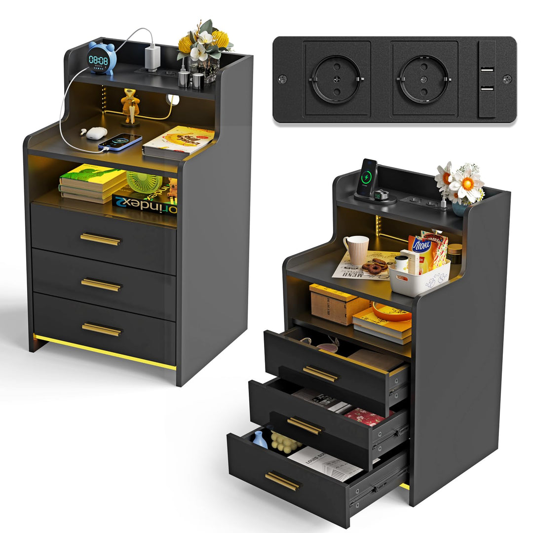 PIPIPOXER 2er Set Nachttisch mit Steckdose und Ladefunktion,Nachtschrank mit 3 Schubladen und 16 Far