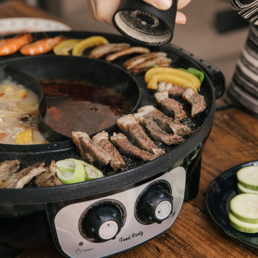 Food Party 2 in 1 elektrogrill und hotpot rauchfrei Electric Smokeless Grill and Hot, Hot Pot One