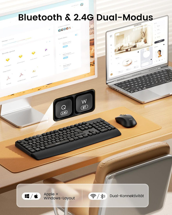 Bluetooth Tastatur mit Maus, Tastatur Maus Set Kabellos Ergonomisch, 2,4 G USB/Bluetooth Multi-Gerät