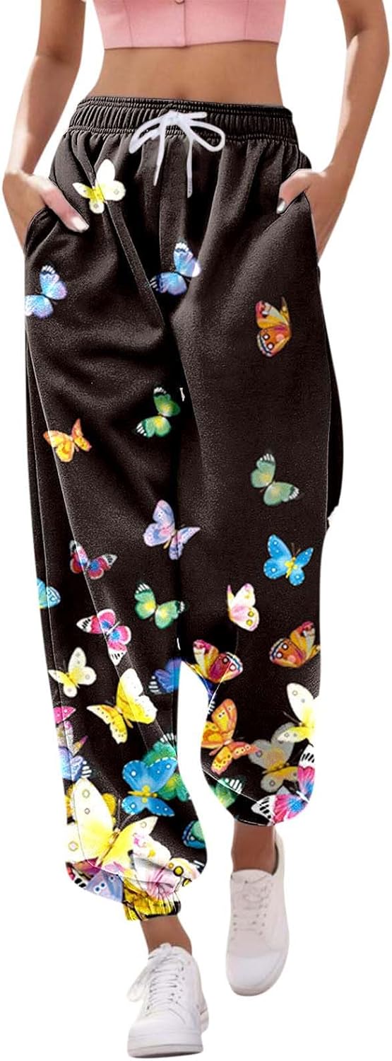Jogginghose Damen, Damen Jogginghose Lang High Waist Trainingshose mit Taschen Schmetterling Drucken