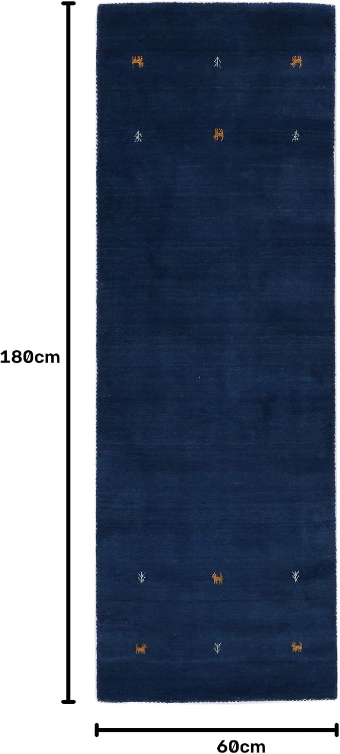 carpetfine Wollteppich Gabbeh Uni Läufer Blau 60x180 cm | Moderner Teppich für Wohn- und Schlafzimme