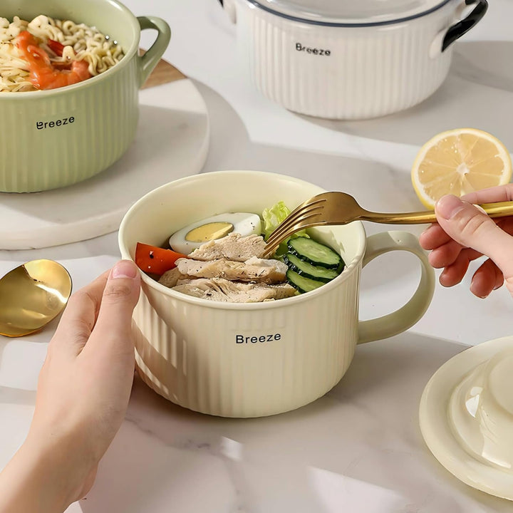 Keramik Suppenschalen mit Griff und Deckel, 750 ml Grosse Suppentasse für Suppe, Instant-Nudel, Müsl