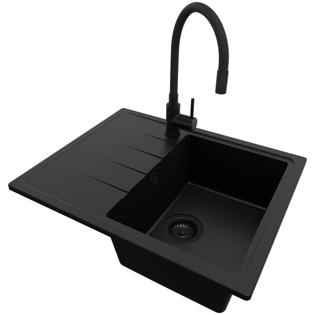 PRIMAGRAN Granitspüle Alles Schwarz 62x50cm, Spülbecken 1 Becken + Küchenarmatur 40x38cm + Ablauf-Se