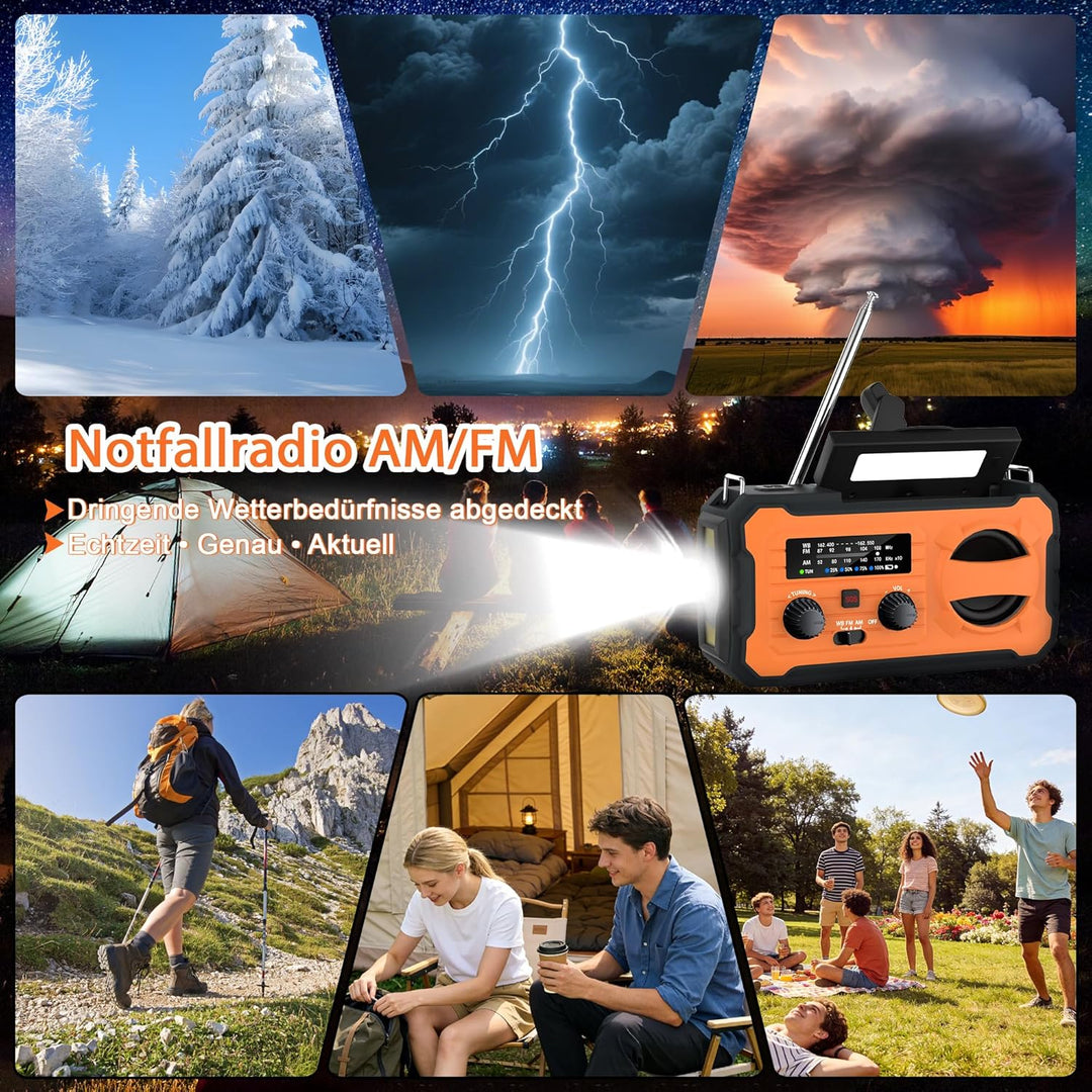 Kurbelradio, Tragbares Solarradio mit AM/FM, 10000mAh Powerbank, Notfallradio mit SOS-Alarm, LED-Tas