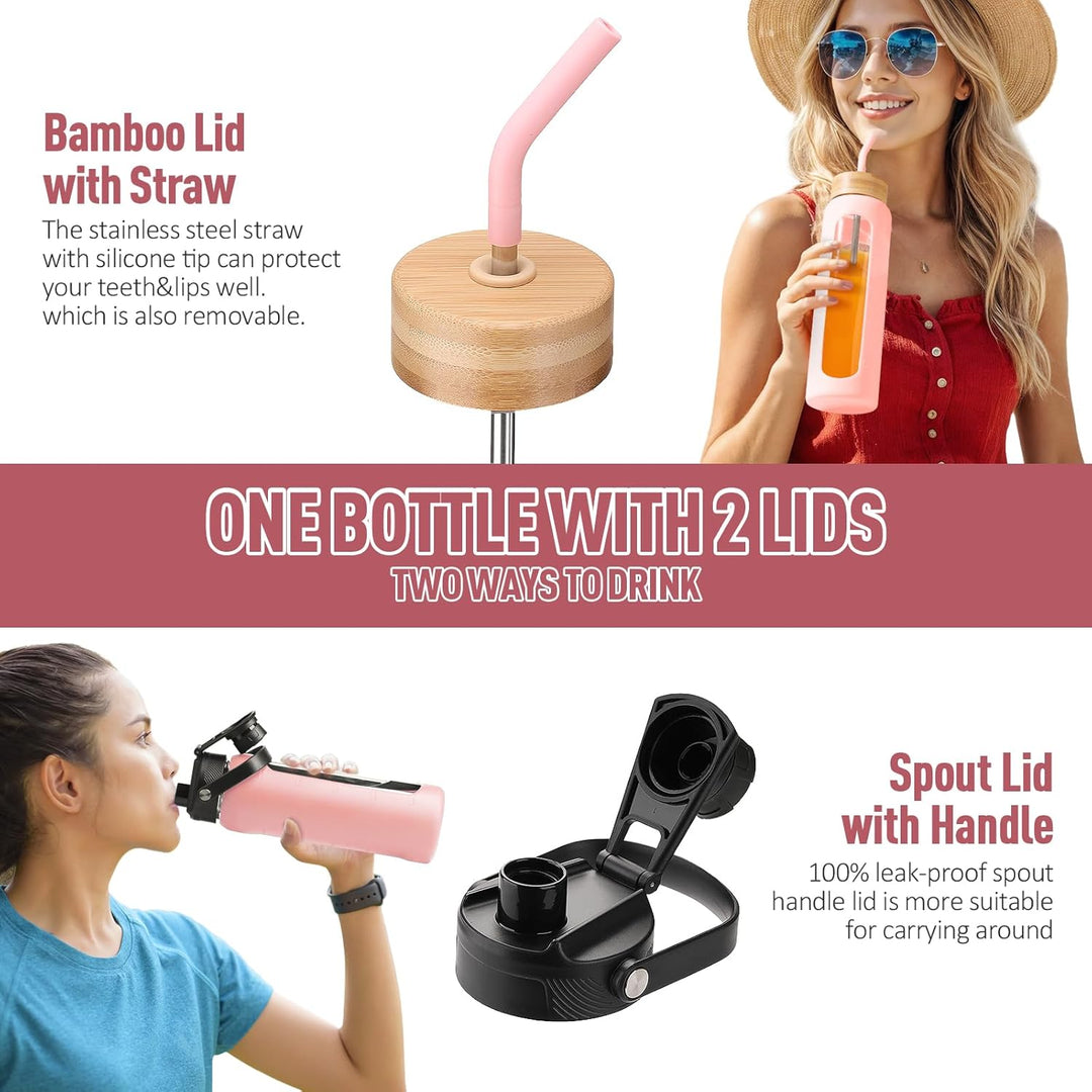 BLUEGO 700ml Glaswasserflasche mit Strohhalm und 2 Deckeln Kaffeetasse aus Glas mit Zeitmarkierung u