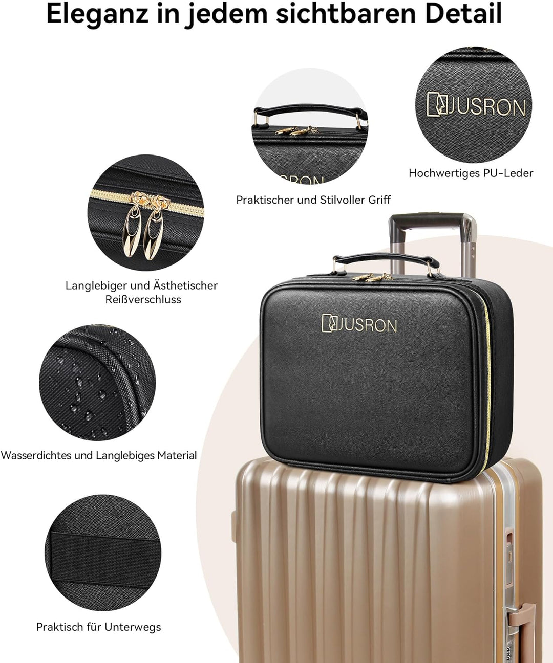 JUSRON Make-up Tasche mit Spiegel-3 Farben LED Licht, Reise Kosmetiktasche mit LED Spiegel, Tragbare